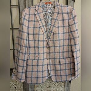 TALLIA Pink and Blue Plaid Derby Plaid Linen Blazer Size 42R Floral Interior